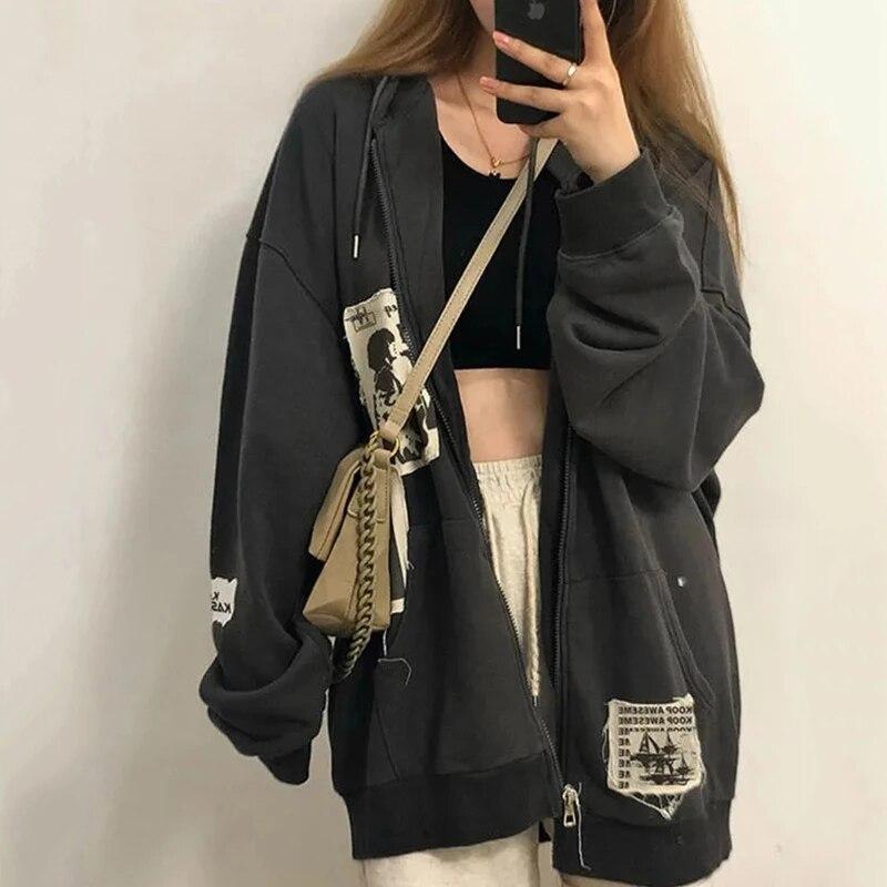 Damen Street Brown Graffiti Print Reißverschluss Vintage Tops Hoodie Sweatshirts Hoodies Kawaii Bluse Grunge Y2k Mäntel Herbstjacken