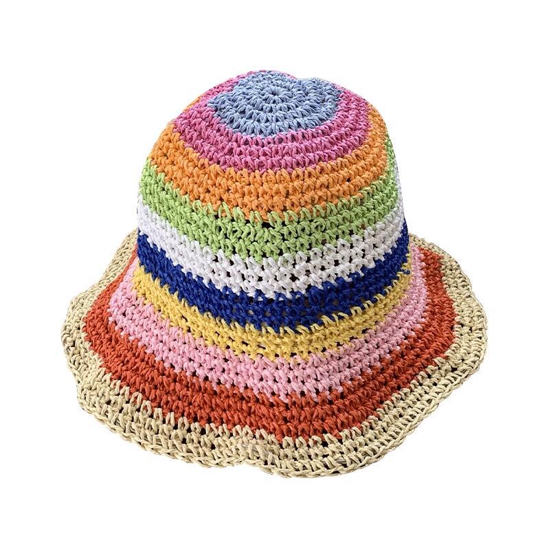 Women's Spring and Summer Korean Style Fashionable Colorful Pure Hand Crocheted Woven Fisherman Hat Vacation Foldable Sun Protection Sunshade Hat