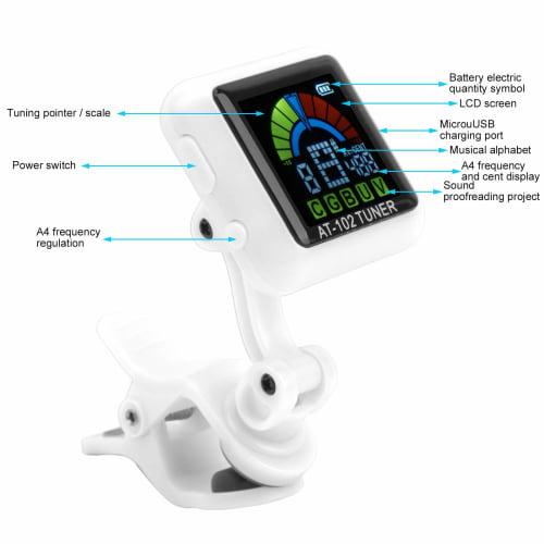 Walfront Aroma Guitar Clip-on Tuner AT-102, 12-Temperament Equal Temperament, USB Rechargeable, Built-in Battery, for Violin and Ukulele, with Chargin