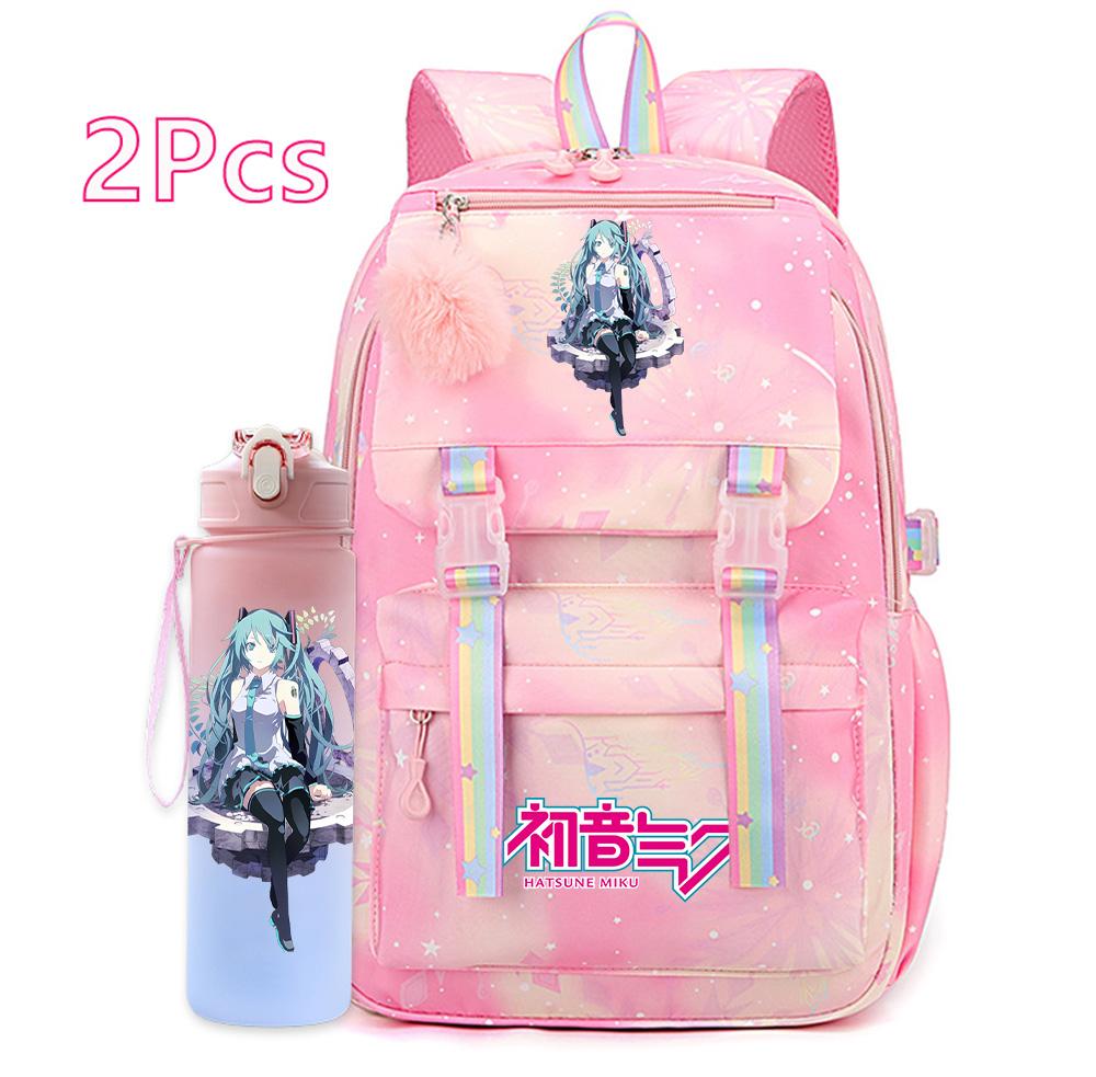 2 st/set Söt Hatsune Miku-tryckt Ryggsäck med 750 ml Vattenflaska för Tonårsflicka Pojke Skolväska Stor Kapacitet Vattentät Resväska Gåva