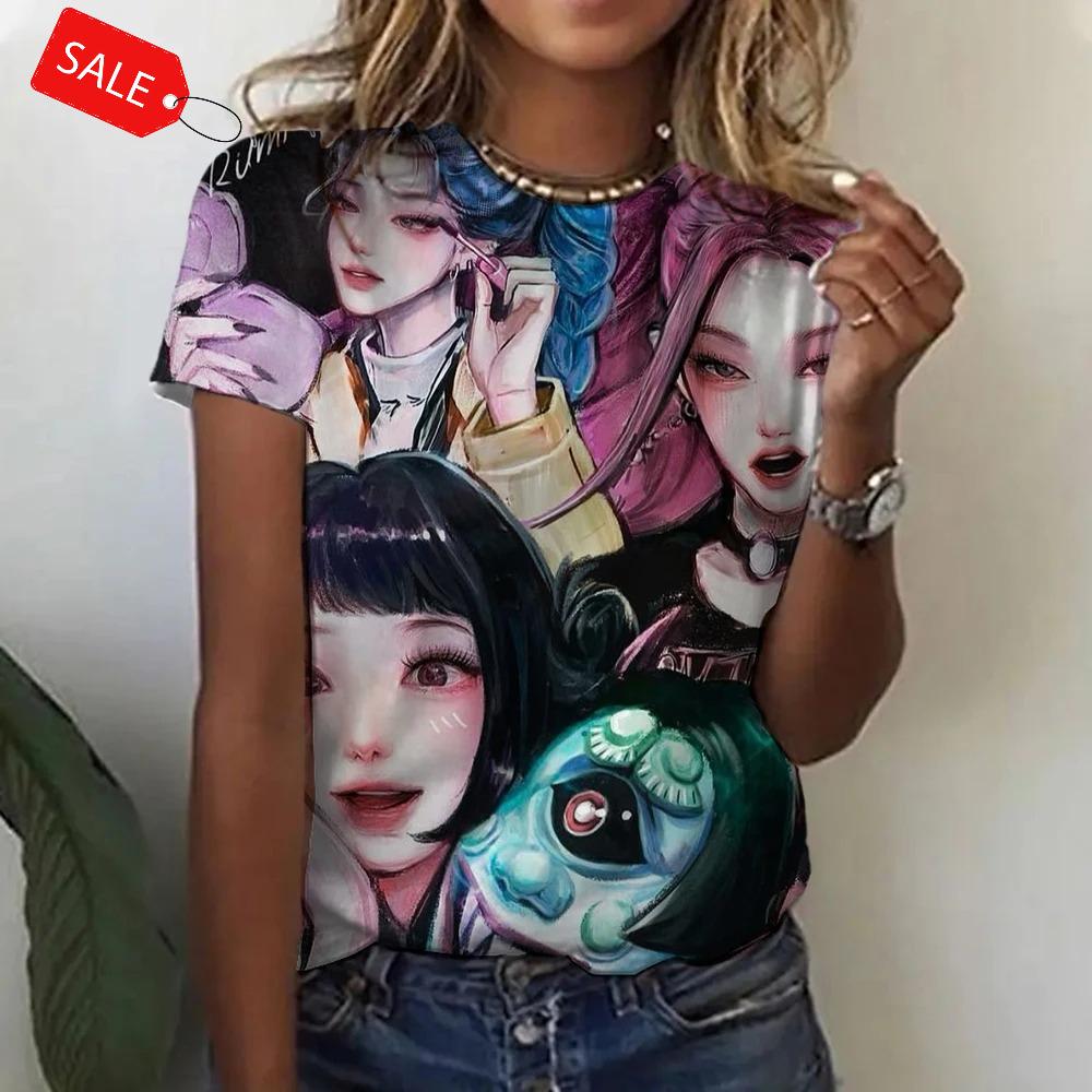 

Y2k Летняя футболка оверсайз с принтом Kpop Demon Hunters Женская футболка с коротким рукавом 3d Модная повседневная с круглым вырезом Женский свободный топ 3XL