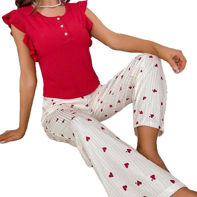 Women's Casual Love Print Ruffle Pajama Pants - Stylish Home and Outdoor Wear.