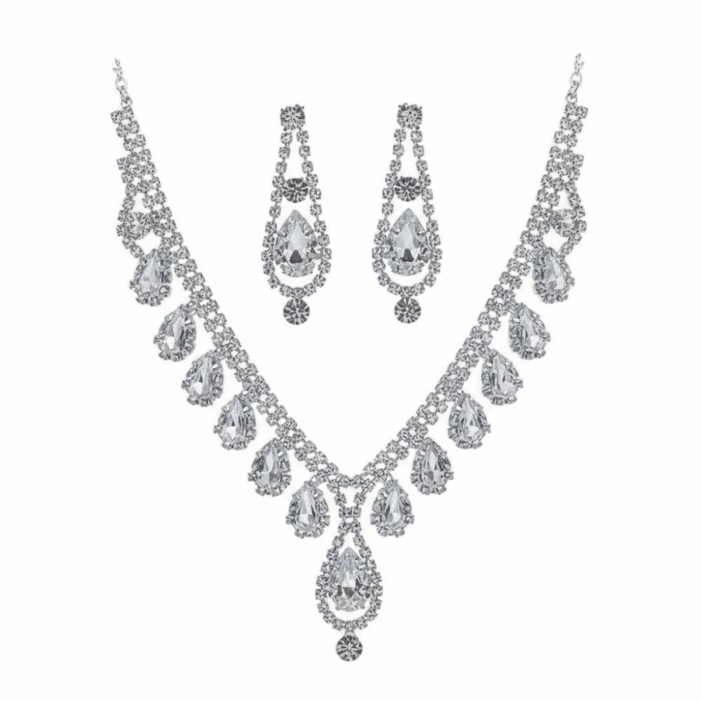 Shiny Rhinestone Necklace Set Crystal Bridal Jewelry Set Necklace Earrings Set  Bridal Party серебряный