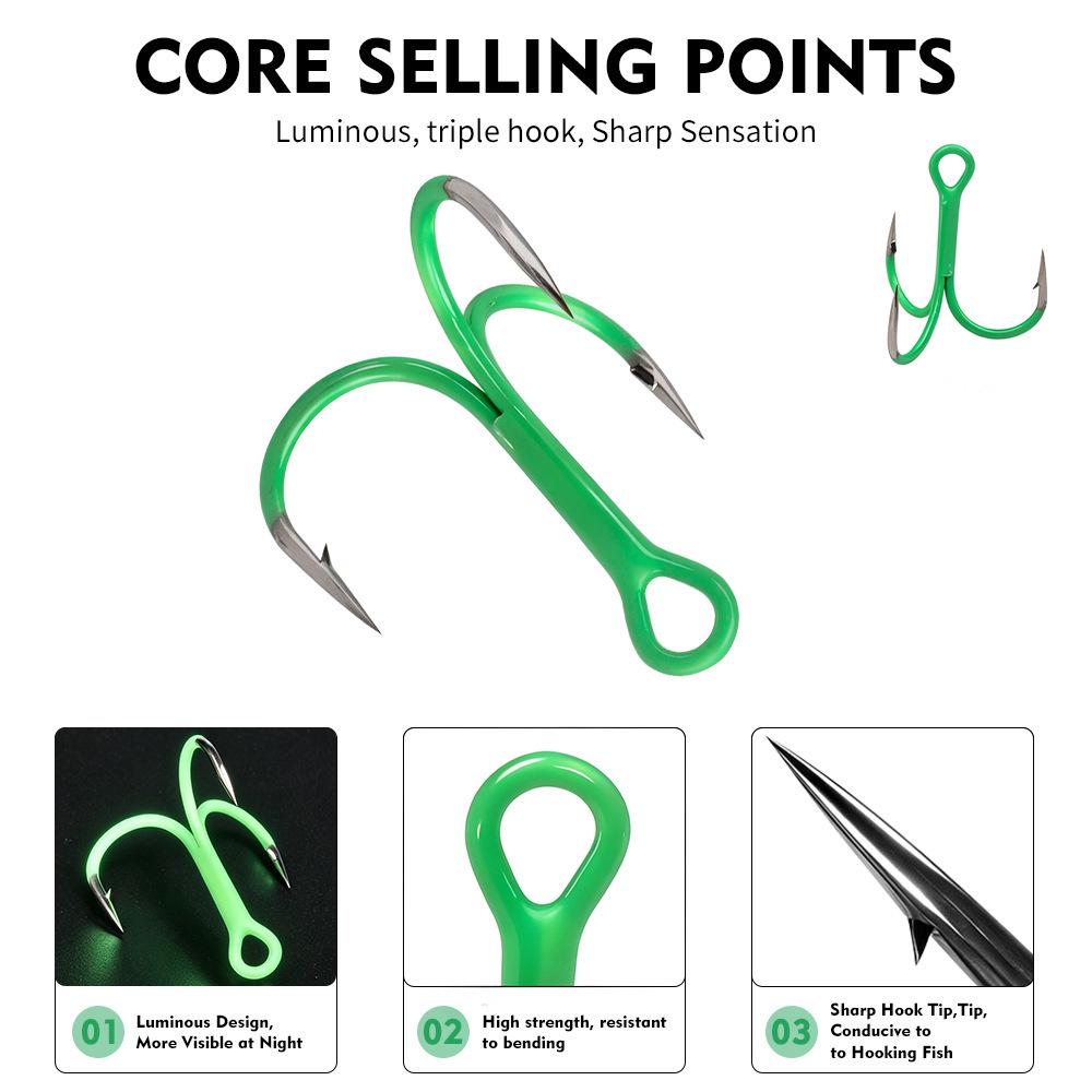 Glow-in-the-Dark Fluorescent Treble Hooks with Colored Reinforced Hair Ties and Three-Prong Design.