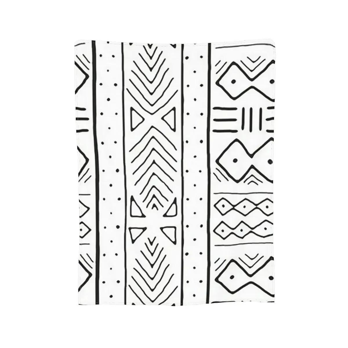 African Mudcloth White Blankets Soft Warm Flannel Throw Blanket Plush for Bed Living room Picnic Travel Home Couch 100cmx150cm