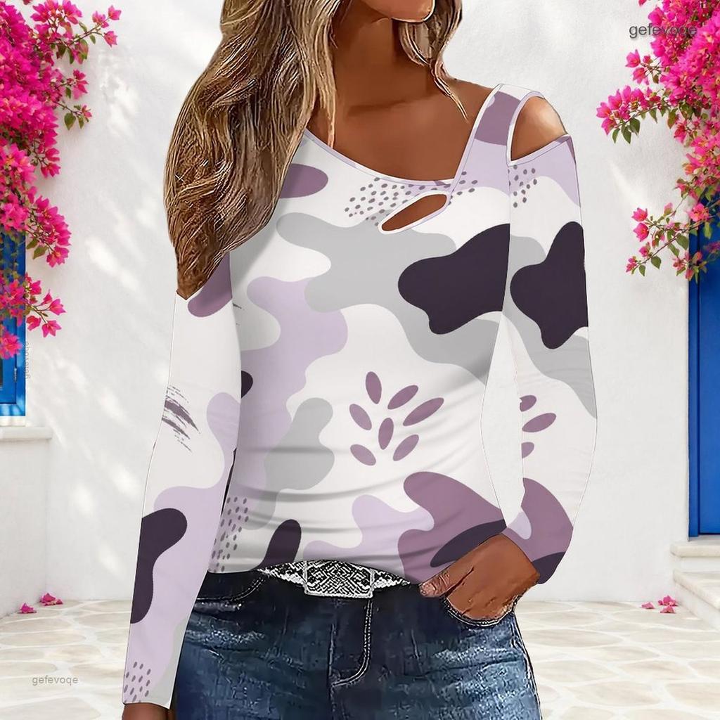 Women Plus Size Asymmetric Cutout Neck Cold Shoulder Long Sleeve Green Black White Printed Top