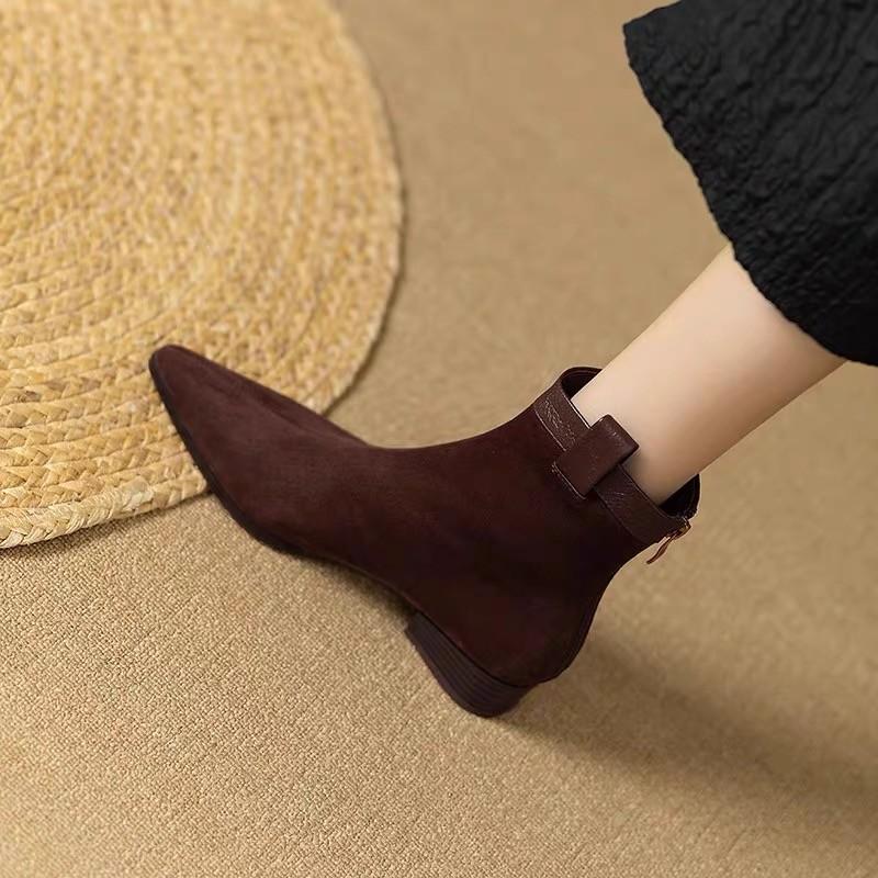 Fashion Vintage Women's 2025 Winter New Fleece Block Heel Booties Scrub Pointed Toe Chelsea Boots