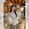 Fake Design Sense Two Pieces One-word Shoulder Swing Collar Long-sleeved Bottom T-shirt Women's Early Autumn Slim-fit Horn-sleeved Small Top