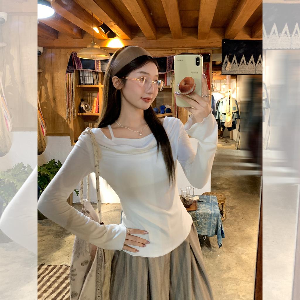 Fake Design Sense Two Pieces One-word Shoulder Swing Collar Long-sleeved Bottom T-shirt Women's Early Autumn Slim-fit Horn-sleeved Small Top