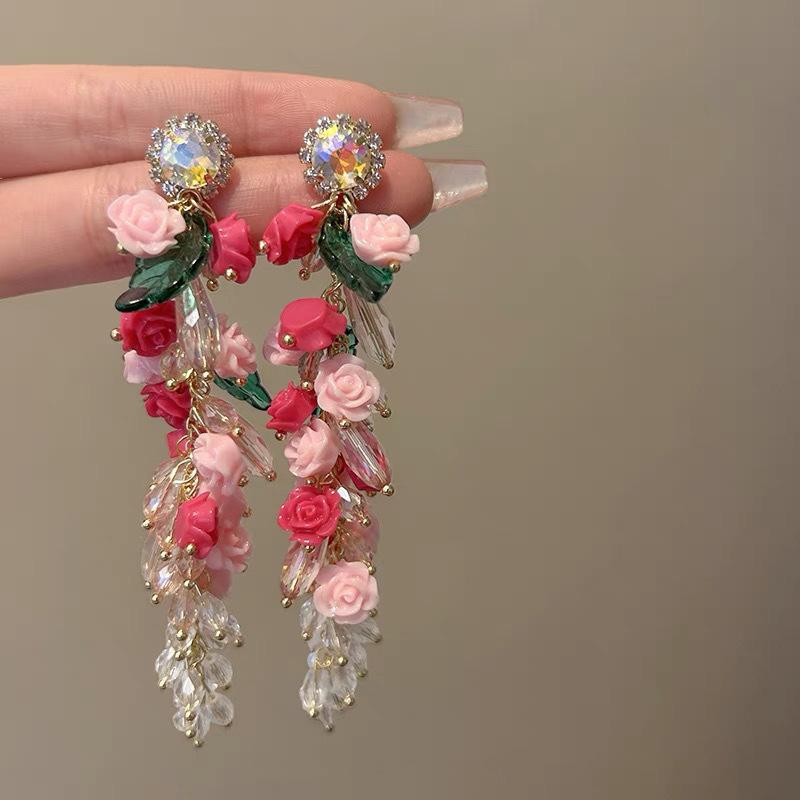 Super fairy pink flower love fringed earrings versatile temperament earrings light luxury earrings women