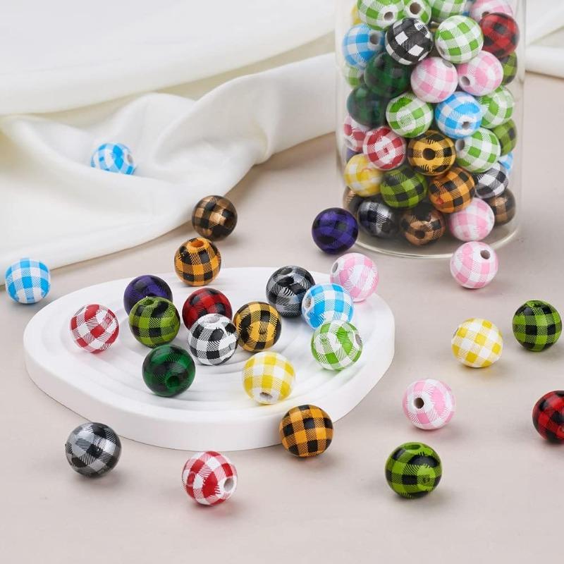 20pcs 16mm Natural Wood Buffalo Plaid Round Beads Wooden Tartan Pattern Loose Spacer Ball Beads for DIY Bracelet Necklace