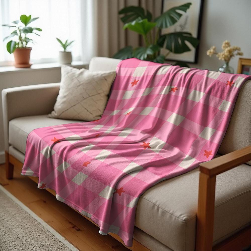 Pink Gingham Cherry Cartoon Anime Print Flannel Blanket Soft Warm Throw for Kids Bedroom Sofa Christmas Office Car
