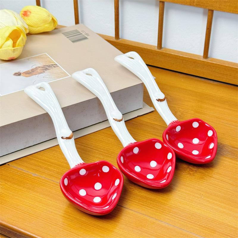 Cute Mushroom Ceramic Spoon, Tableware Dessert Spoon, Long Handle Spoon, Creative High-value Household Small Spoon, Yogurt Spoon