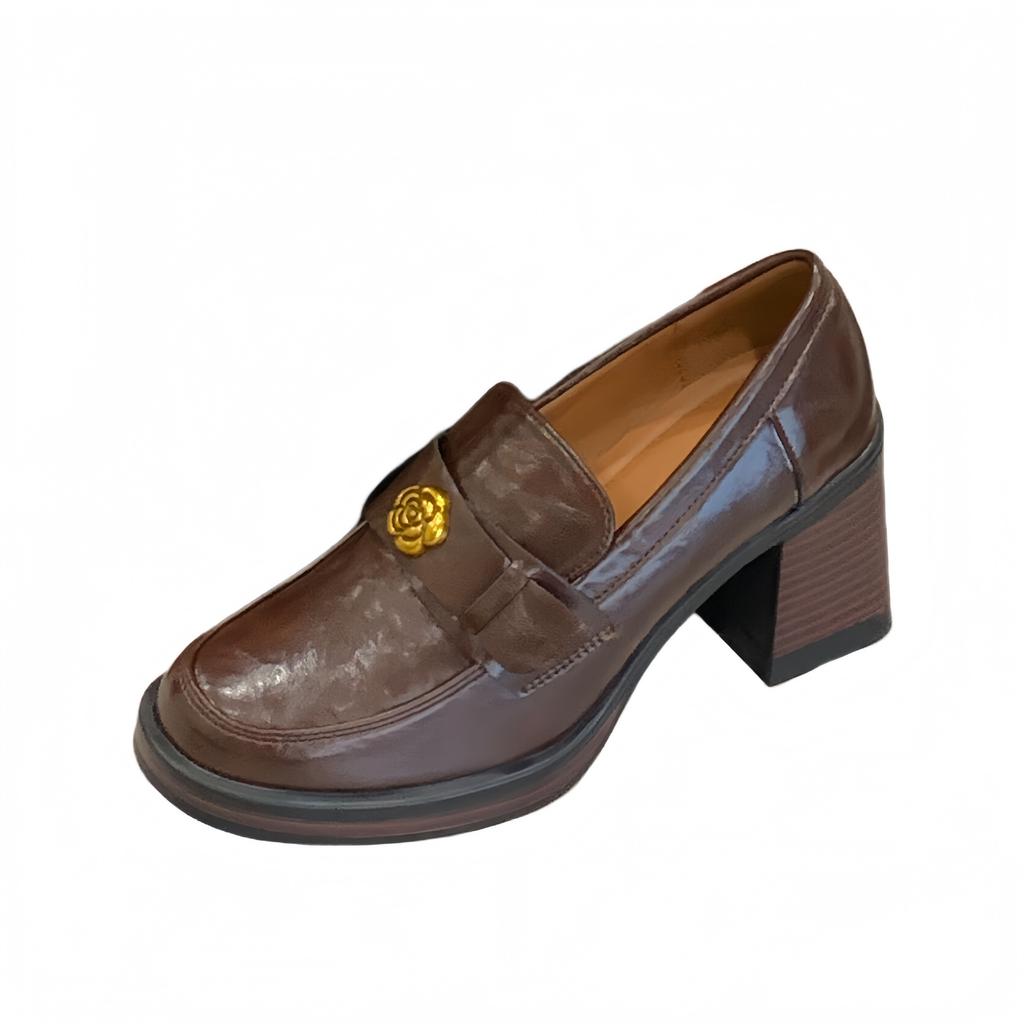 2025 new medieval thick heel camellia loafers small single shoes women's one-pedal round head small leather shoes