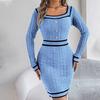 Autumn Winter Women's Square-neck Sweater Dress Mid-length Fitted Bodycon Dress Sexy Knitted Dress