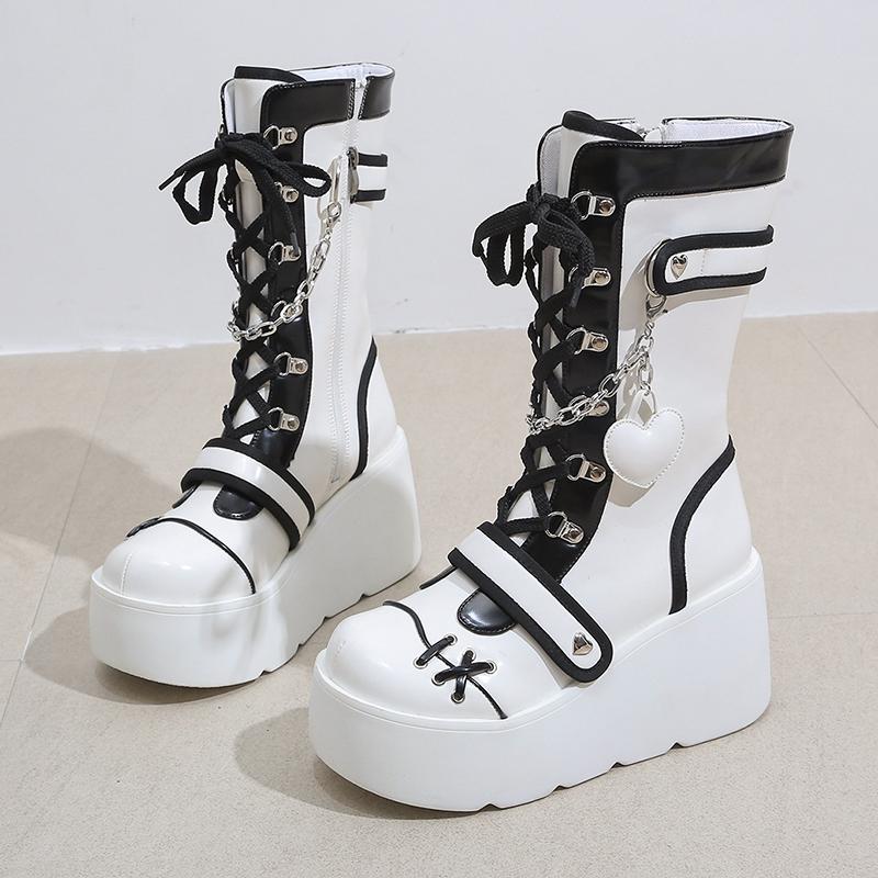 Women's Single Boots New Winter Round Front Lace-up Side Zipper Rivet Thick Soled Non-slip Mid-calf Boots
