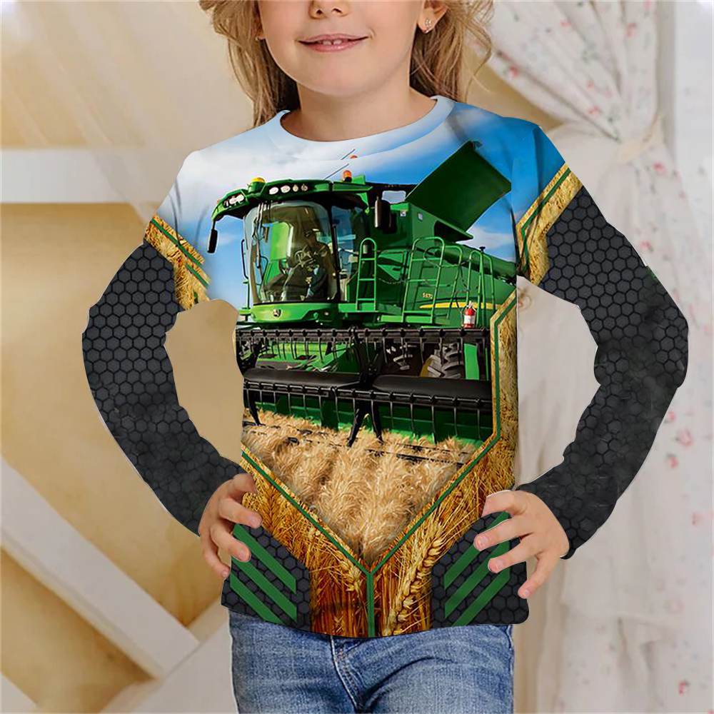 Spring and Autumn Round Neck Truck Tractors 3D Printed Top Fashionable Casual Long Sleeved Children's Girl T-shirts