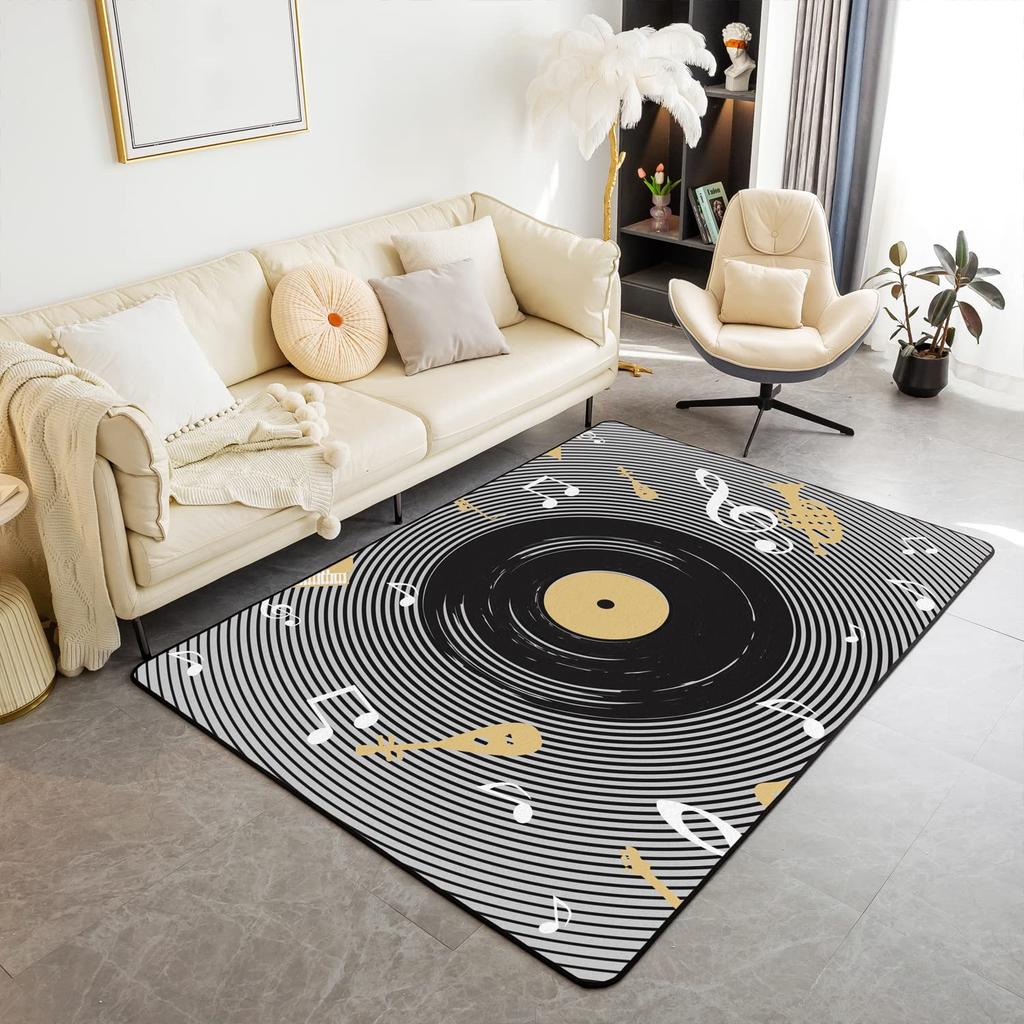 Record Area Rug CD Card Living Room Rugs Vintage Disc Print Decor Doormat Music Theme Carpet Non Slip Soft Indoor Floor Mat