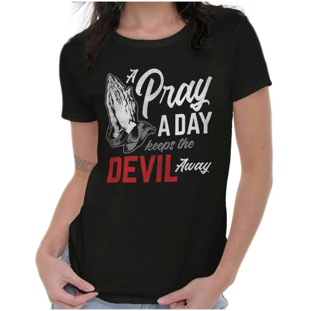 Christian Prayer A Day Keeps the Devil Away Womens Top Junior Graphic Tee L