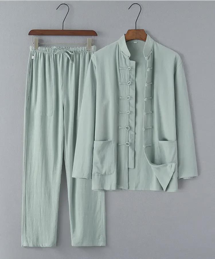 Chinese Style Summer Linen Tang Suit: Men's Retro Hanfu Long-Sleeved Jacket for Middle-Aged and Elderly