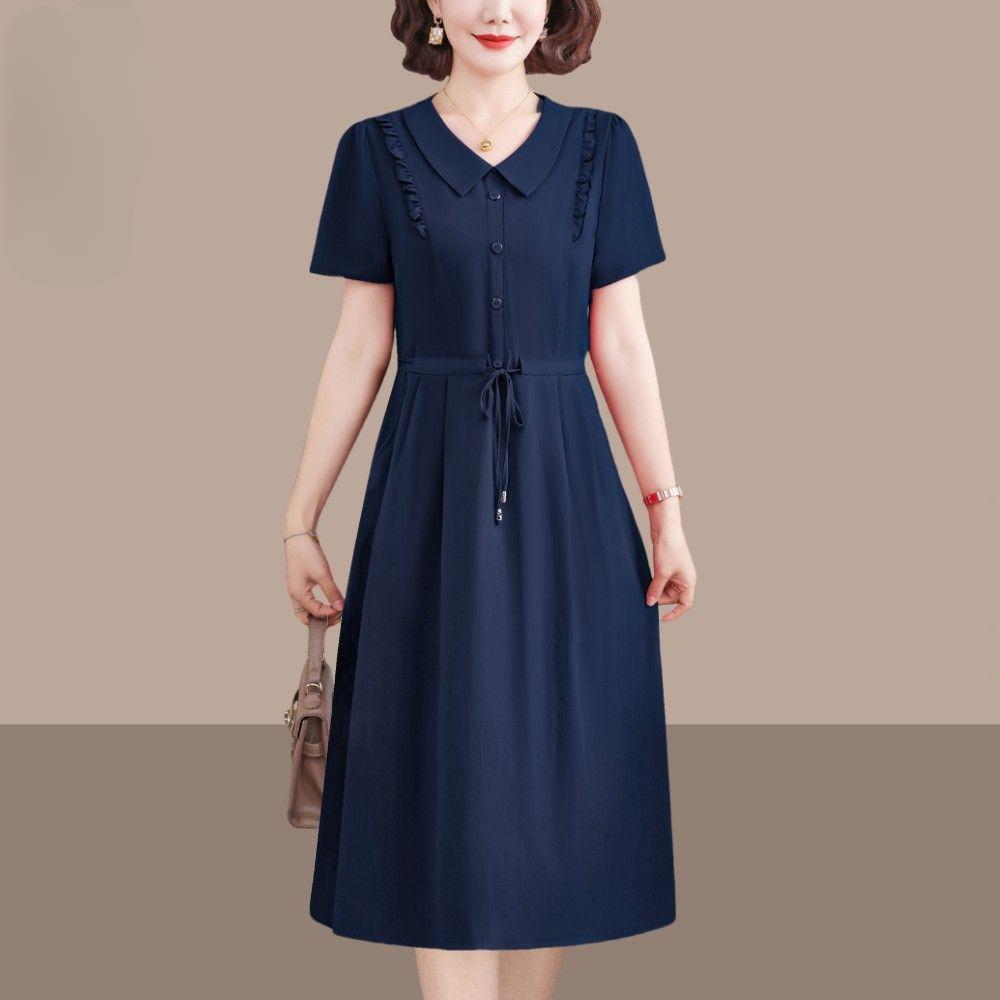 

Элегантное летнее однотонное платье миди для женщин среднего возраста, модное облегающее платье с коротким рукавом и завязками на талии XL темно-синий
