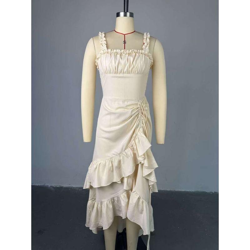 

Платье-слинг с оборками в западном стиле, новая мода, сексуальное, на бретелях и с оборкой в виде листа лотоса Rice White XL