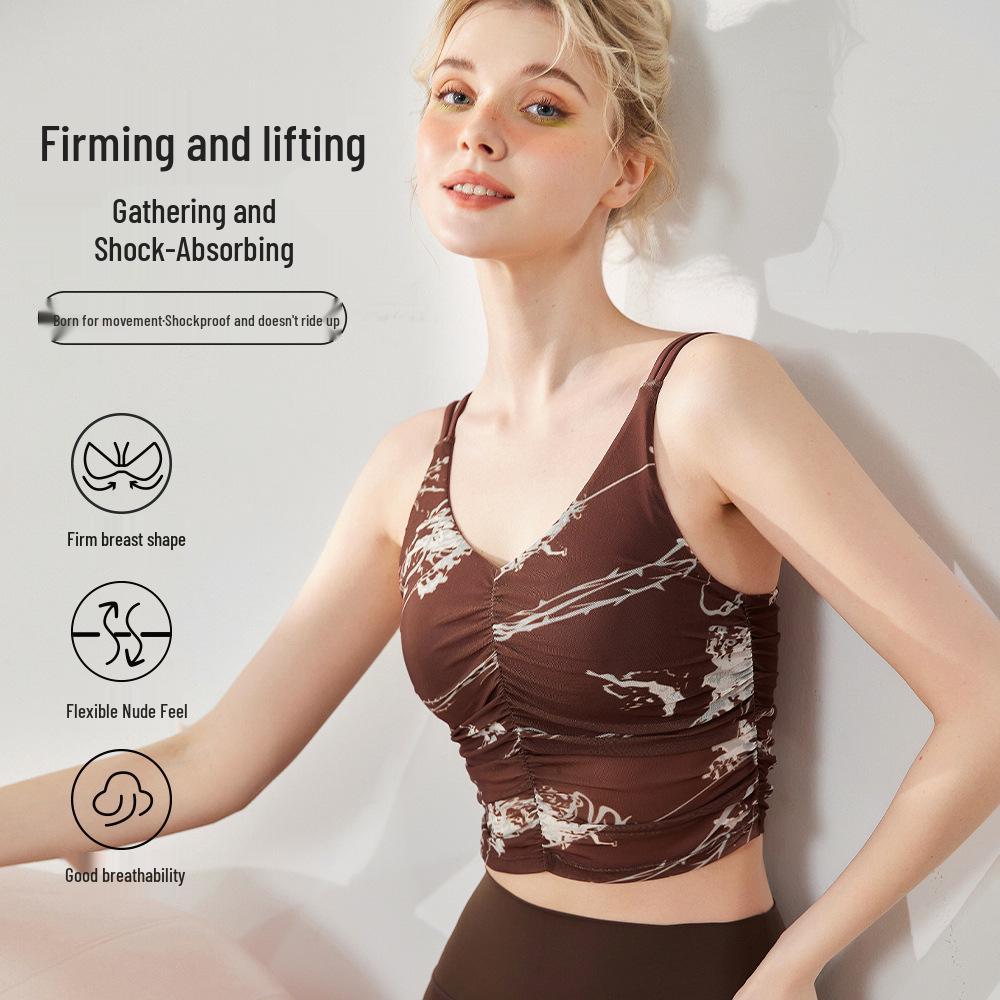 Women's Ruched Print Yoga Sports Bra with Built-in Pads & Stylish Back Design