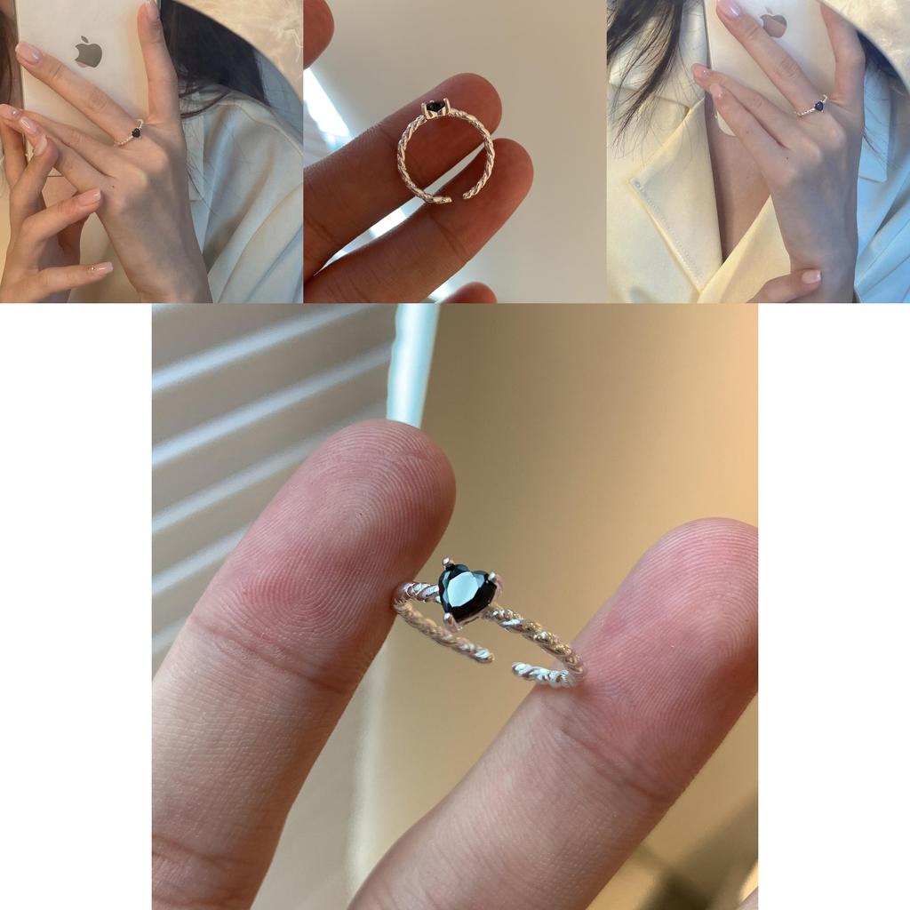 Elegant S925 Sterling Silver Heart-shaped Twisted Ring With Black Zirconia For Women