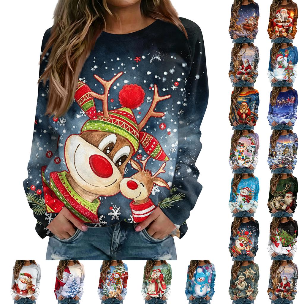 Women's Casual Christmas Print Neck Raglan Long Sleeve Pullover Sweatshirt