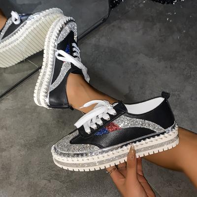 Damen Sneaker Übergröße Kristall Dicke Sohlen Lässige Designer Schuhe Damen Strasssteine Flach Dicke Sohle Schnür-Sneaker Damen