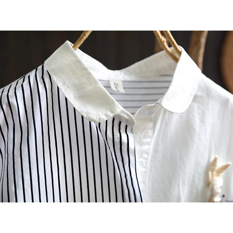 Striped Patchwork Cotton Long Sleeved Shirt for Women Loose Slimming Handmade Rabbit Pocket Single Breasted Shirt Blouses & Shirts