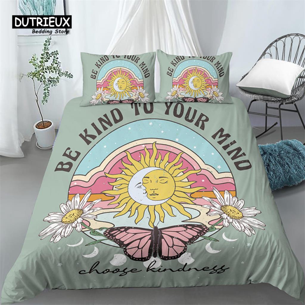 Chic Sun And Moon Duvet Cover 3D Floral Comforter Cover Bohemia Psychedelic Butterfly Bedding Set King Full For Kids Boys Girls