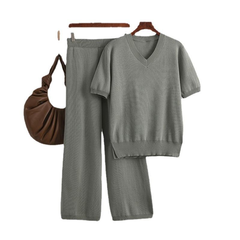 Fashion suit women's collar loose split knitted sweater top two-piece set high waist waist drape straight casual trousers