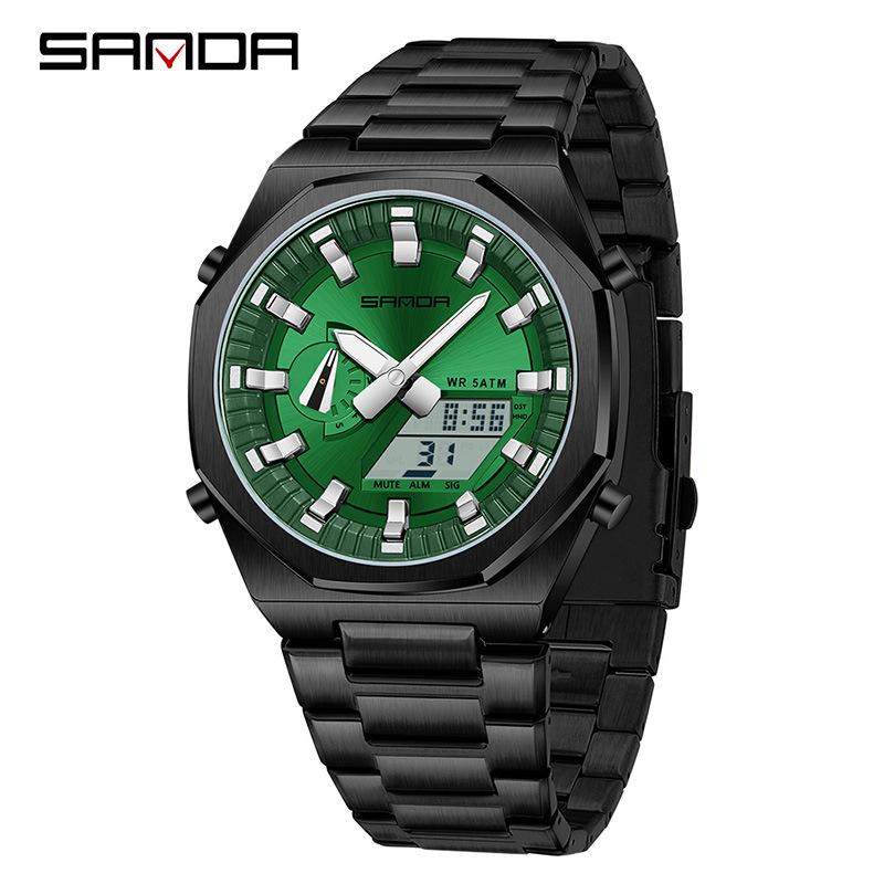 Sanda Men's Multifunctional Dual Display Watch with Countdown, Alarm, Daylight Saving, and Waterproof Features