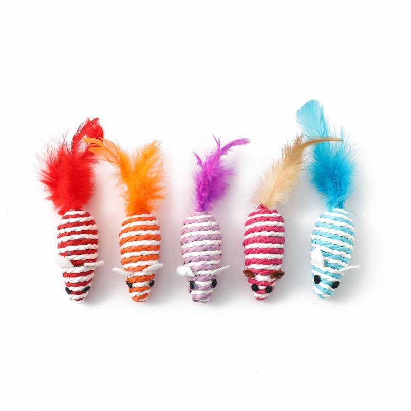 Colorful Striped Rope Mouse Cat Toys With Feather Tails (5-Pack)
