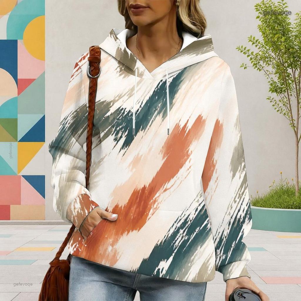 Women Plus Size Navy Blue Printed Long Sleeve Drawstring Hoodie With Kangaroo Pocket