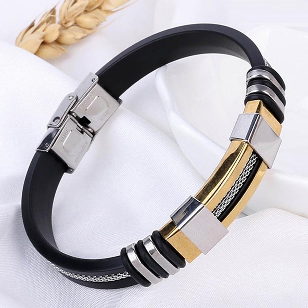 Pulseira de aço inoxidável de borracha punk preta masculina com fecho e pulseira de punho
