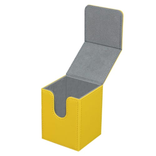 Yellow trading card deck box with sleeves, 7.3x8x10.3cm