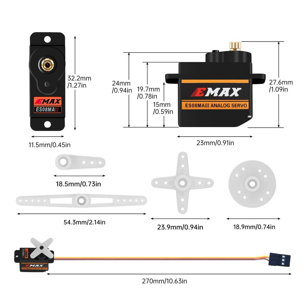 Micro Servo EMAX ES08MA II, Servo Analógico de Engranaje Metálico de 12g para Modelos RC, Brazos Robóticos, Proyectos STEM y Raspberry Pi (Paquete de 4)