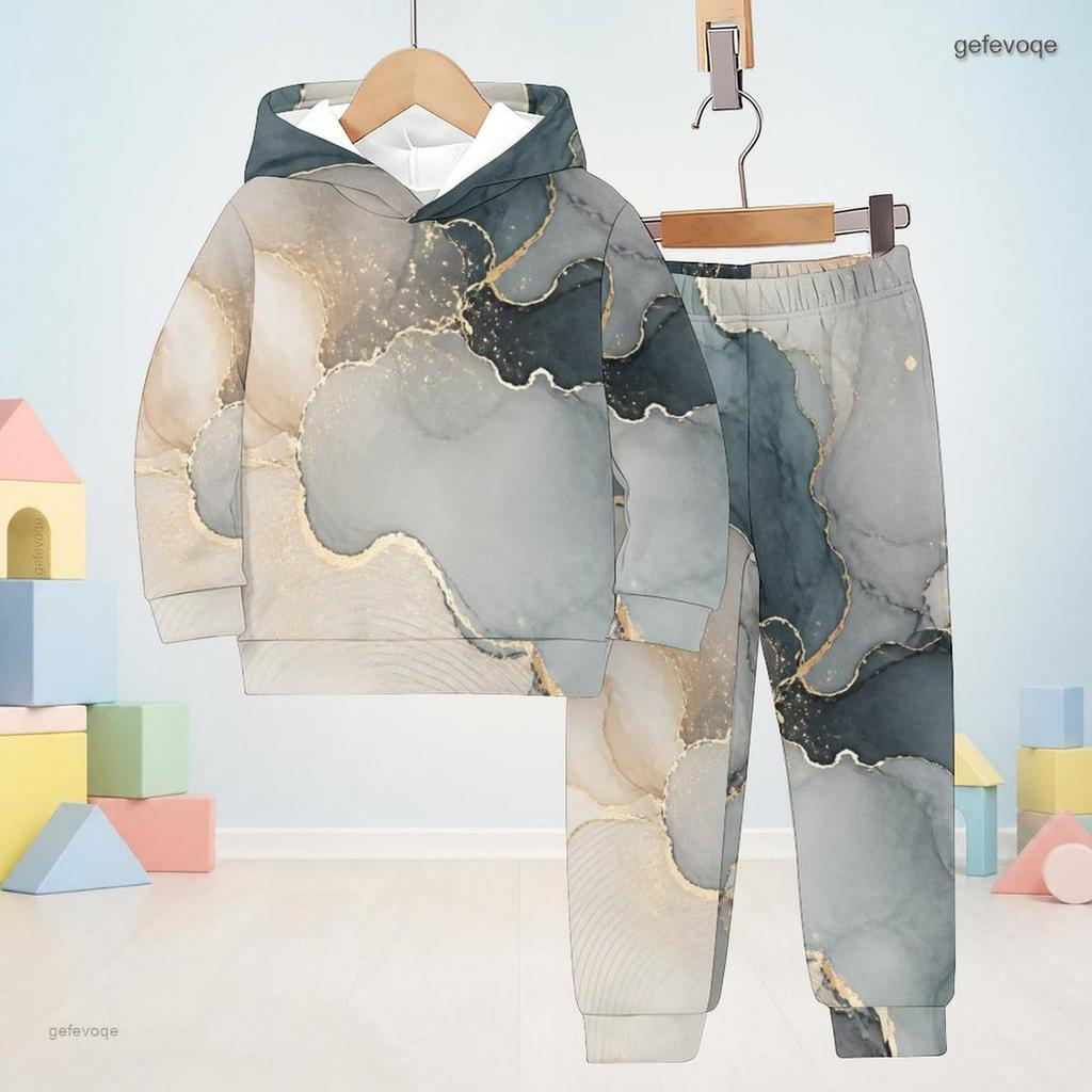 Boys Girls Abstract Printed Hooded Long Sleeve Sweatshirt And Cuffed Pants Two Piece Set