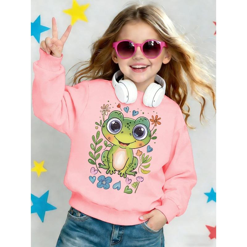 Kids Crewneck Sweatshirt, Cute Green Frog Floral Heart Print Long Sleeve Casual Top for Spring Autumn