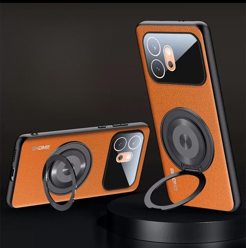 For Honor 600 Pro PU Leather Texture Camera Lens Film Phone Case For Honor 600 Pro Ring Holder Shockproof Cover