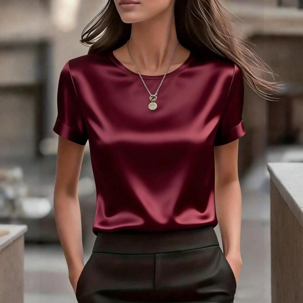 Tops de Primavera para Mujer Camisas de Verano para Mujer Blusa de Satén de Manga Corta Tops de Verano para Mujer Ropa Elegante Casual para Oficina