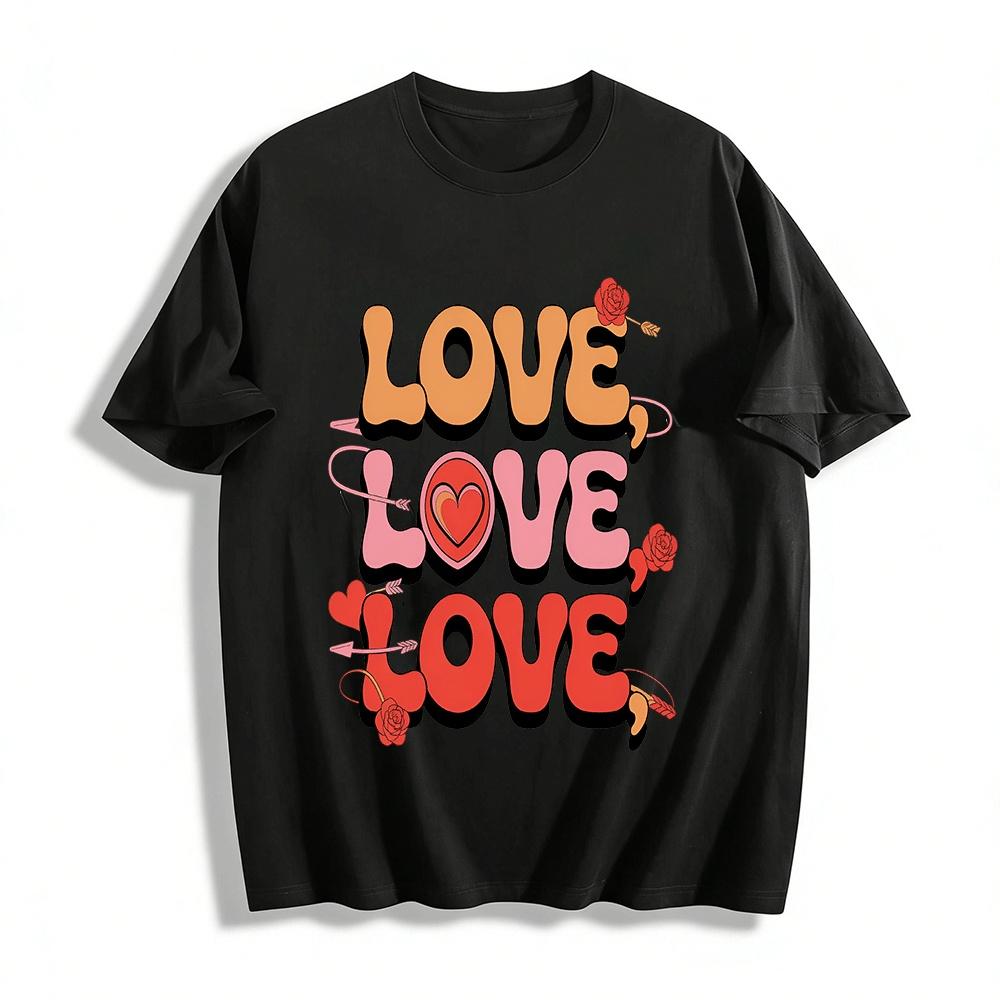 Retro Love Heart Rose Print Casual Couple Crew Neck Short Sleeve T-Shirt Pure cotton T-shirt XXS