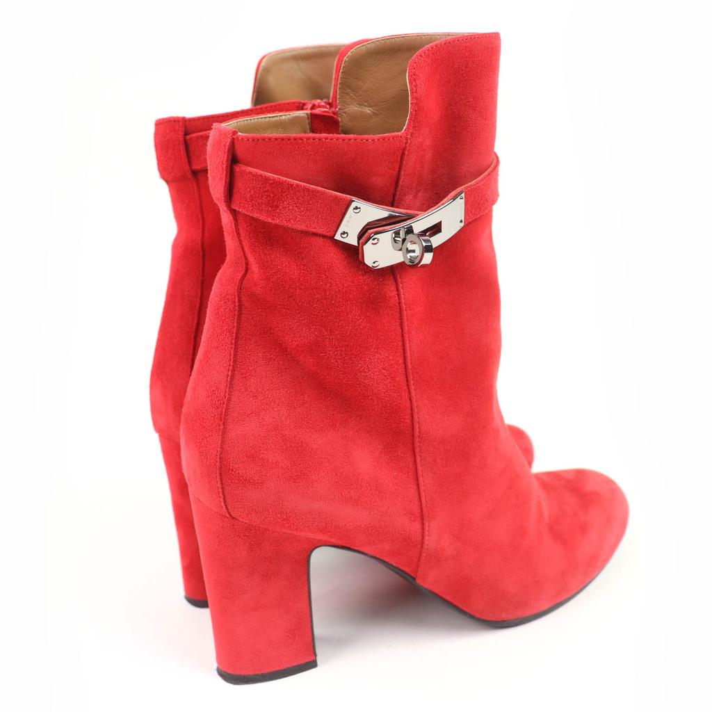 Hermes Short Boots JOUEUSE Kelly Metal Suede Leather Red Suede Leather 37.5 Used