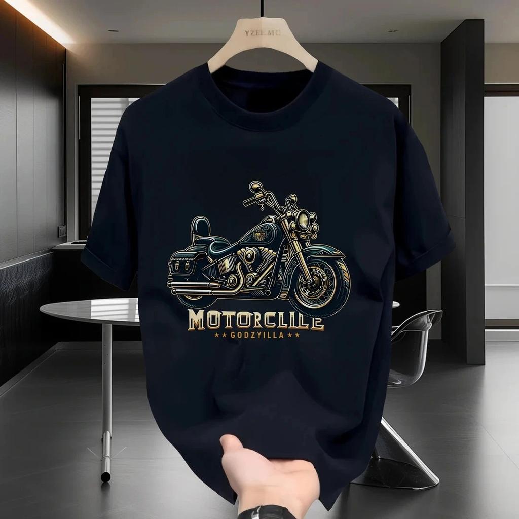 2026 American Highend Motorcycle Print Shortsleeved Tshirt for Men Trendy Brand European Style Summer Pure Cotton Shirt