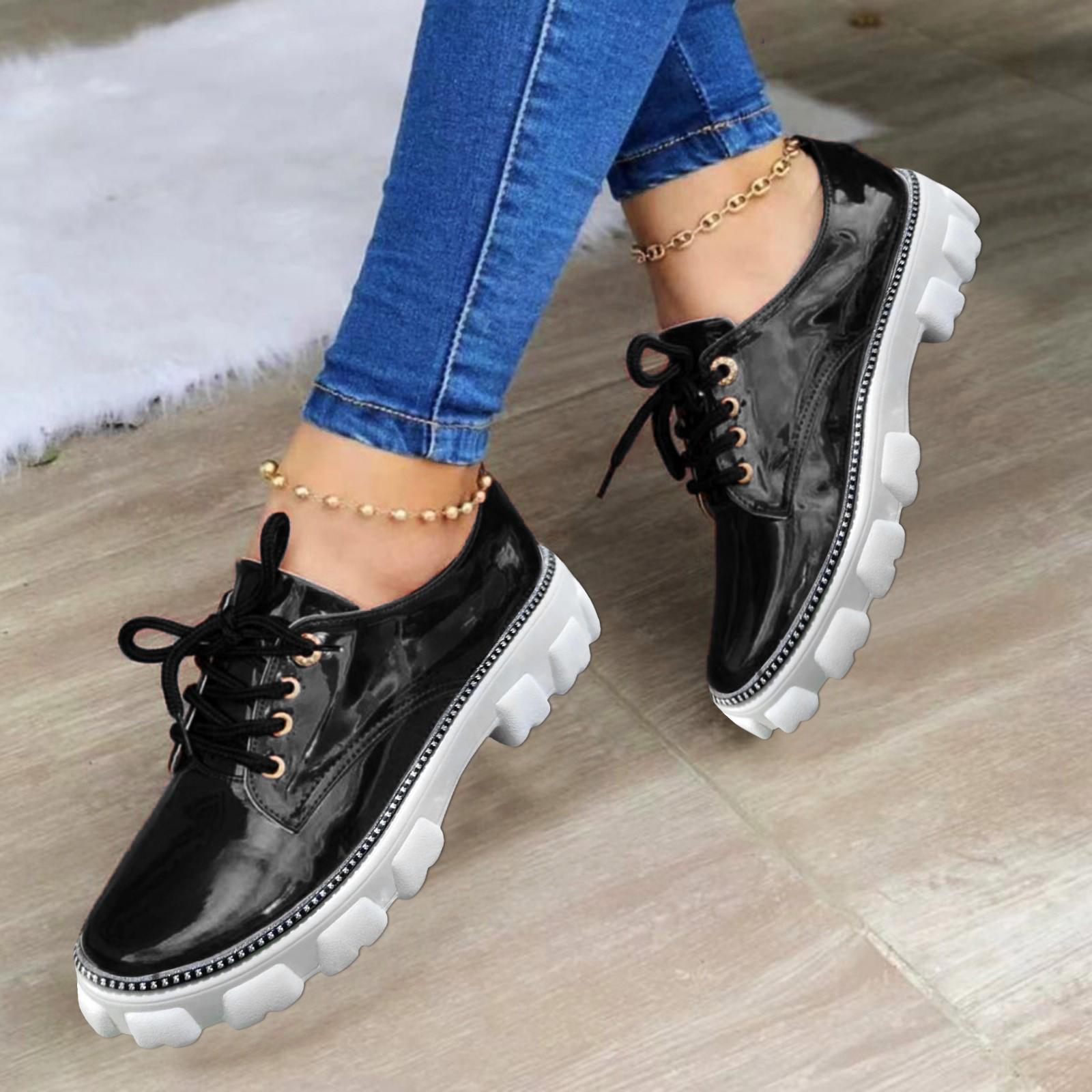

Women Size 12 Casual Shoes Ladies Fashion Solid Color Shoes Rhinestone Leather Lace Up Casual Leather Shoes Tenis De Mujer 38 чорний