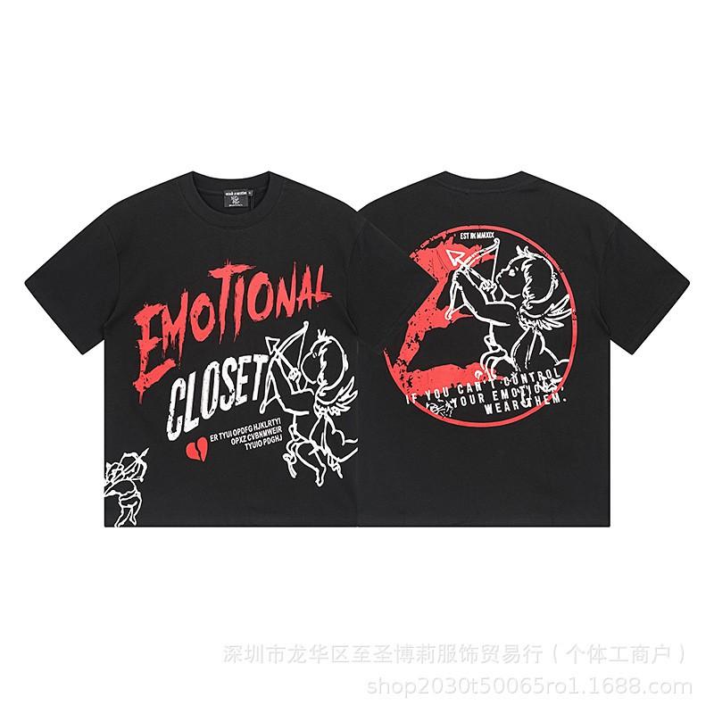 Unisex Vintage American Style Loose Fit Cotton Tee With Embellished Letter Print Round Neck Short Sleeve