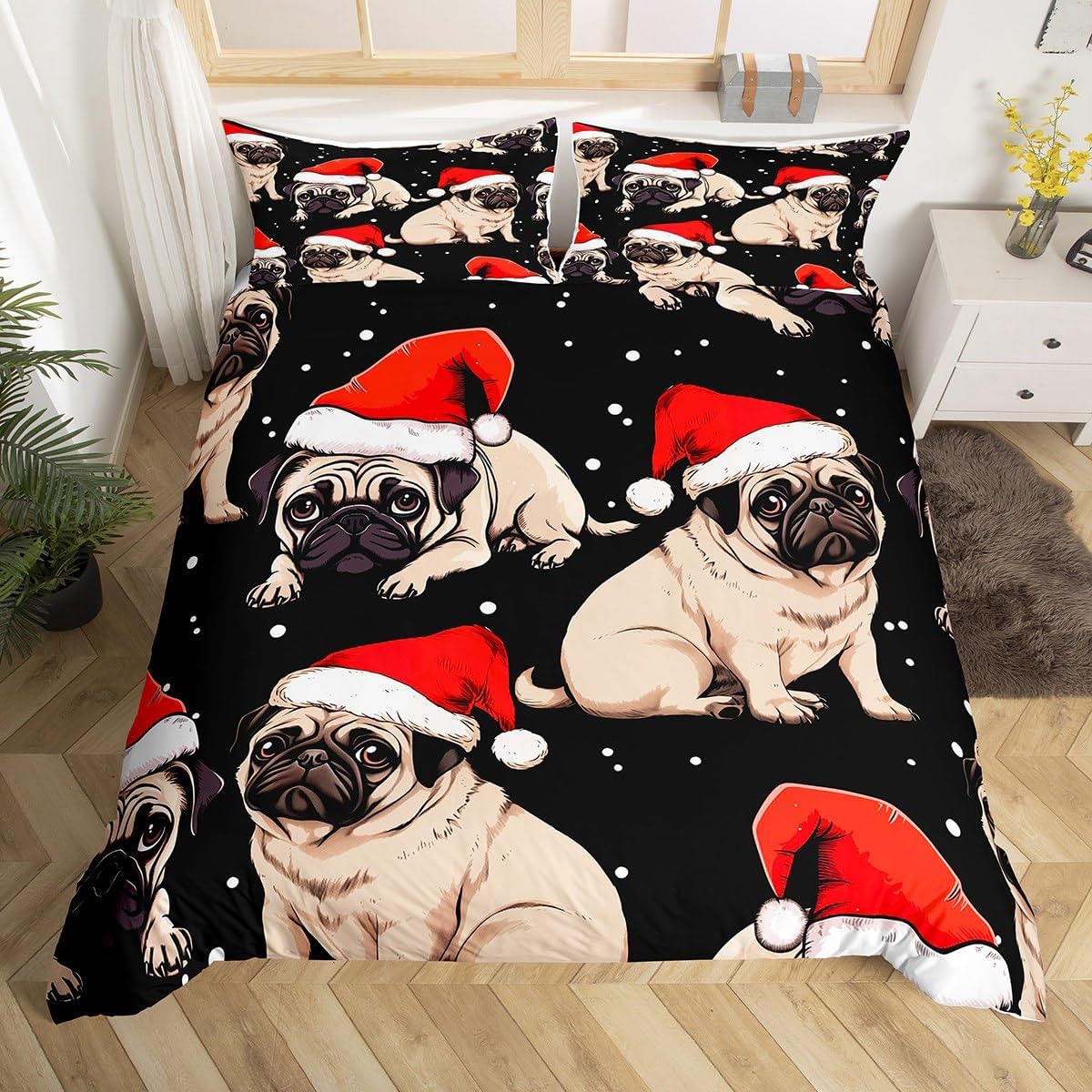 

Puppy Dog Duvet Cover Full Queen Size Kawaii Pug Comforter Cover Love Heart Print Bedspread Cover Cute Pet Black Bedding Set EU Single(135x200cm)
