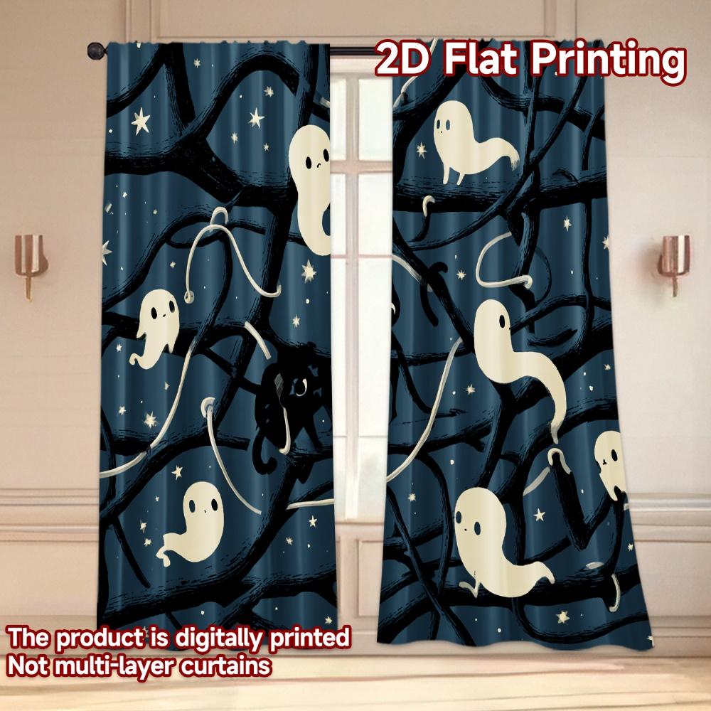 Flat Printing Curtains Without Rod Halloween Night Cat Ghosts Valentine Is Day Holiday Digital Curtain Set Of 2 Made Polyester Washable